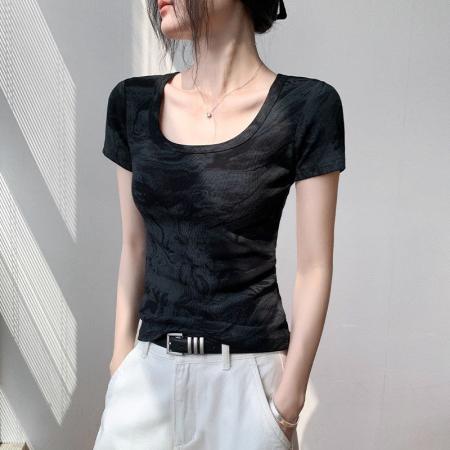 BY18577# 方领扎染别致短袖T恤女夏季修身正肩显瘦衬衫内搭上衣 服裝批發女裝批發服飾貨源