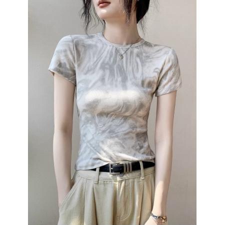 BY18577# 方领扎染别致短袖T恤女夏季修身正肩显瘦衬衫内搭上衣 服裝批發女裝批發服飾貨源