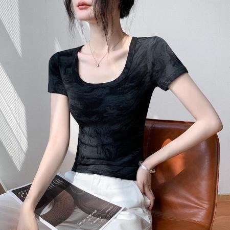 BY18577# 方领扎染别致短袖T恤女夏季修身正肩显瘦衬衫内搭上衣 服裝批發女裝批發服飾貨源