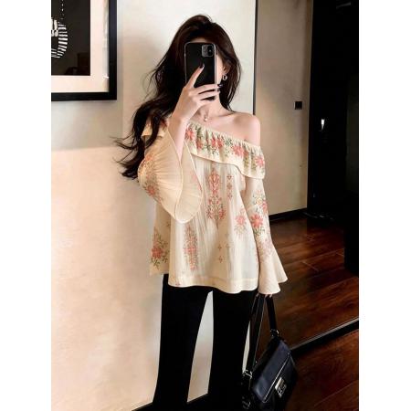 BY18579# 一字领荷叶边温柔印花上衣春季女装新款喇叭袖宽松气质衬衫 服裝批發女裝批發服飾貨源