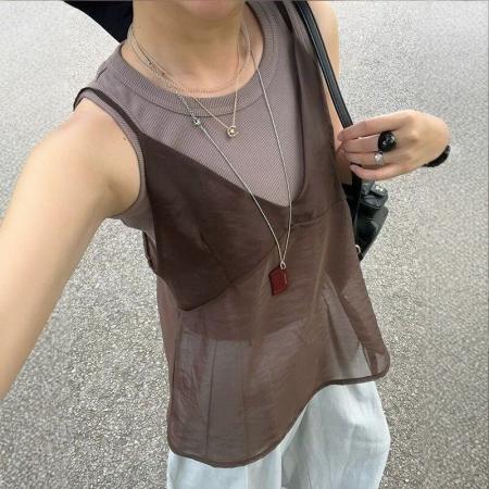 BY18580# 棕色吊带背心叠穿两件套装修身舒适日常休闲百搭潮流上衣夏季 服裝批發女裝批發服飾貨源