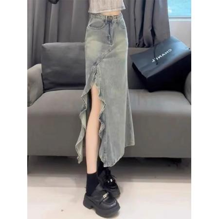 FA56884# 大码不规则牛仔半身裙女夏日胖mm显瘦a字小个子独特绝美鱼尾半裙