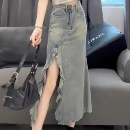 FA56884# 大码不规则牛仔半身裙女夏日胖mm显瘦a字小个子独特绝美鱼尾半裙