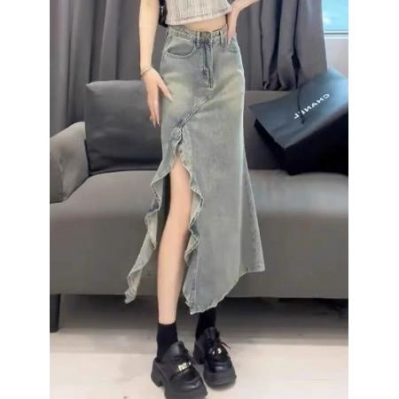 FA56884# 大码不规则牛仔半身裙女夏日胖mm显瘦a字小个子独特绝美鱼尾半裙