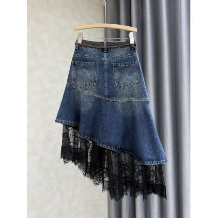 BY18581# 蕾丝牛仔半身裙设计感小众拼接女新款不规则气质中长裙 服裝批發女裝批發服飾貨源