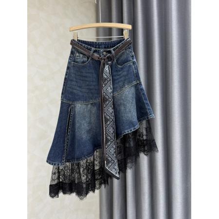 BY18581# 蕾丝牛仔半身裙设计感小众拼接女新款不规则气质中长裙 服裝批發女裝批發服飾貨源