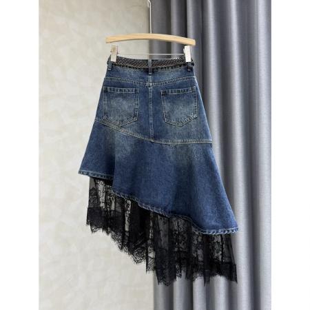 BY18581# 蕾丝牛仔半身裙设计感小众拼接女新款不规则气质中长裙 服裝批發女裝批發服飾貨源
