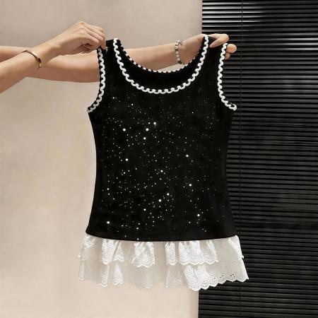 BY18582# 亮片新款纯色拼接蕾丝花边吊带背心女夏季打底内搭小众设计感上衣 服裝批發女裝批發服飾貨源