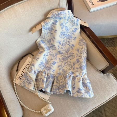 BY18583# 新中式印花Polo领无袖上衣女童夏季高级气质露肩衬衫上衣 服裝批發女裝批發服飾貨源