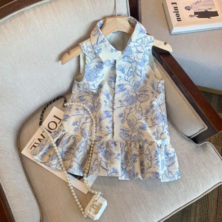 BY18583# 新中式印花Polo领无袖上衣女童夏季高级气质露肩衬衫上衣 服裝批發女裝批發服飾貨源