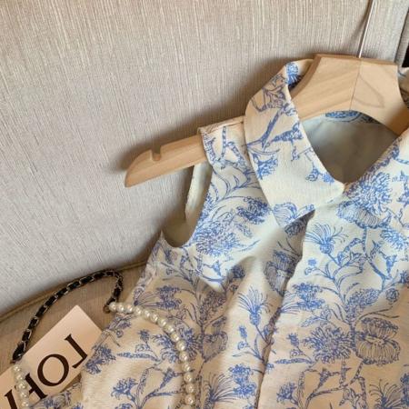 BY18583# 新中式印花Polo领无袖上衣女童夏季高级气质露肩衬衫上衣 服裝批發女裝批發服飾貨源