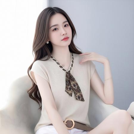 BY18585# 超好看爆款老钱风系带丝巾V领小飞袖新款针织衫短袖T恤小衫上衣女 服裝批發女裝批發服飾貨源