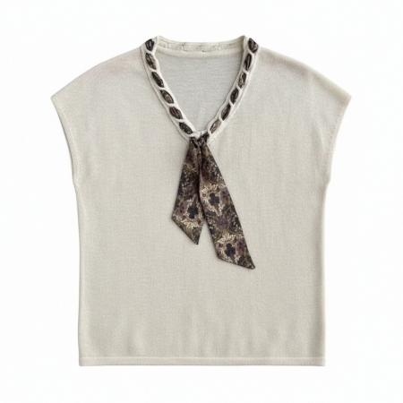 BY18585# 超好看爆款老钱风系带丝巾V领小飞袖新款针织衫短袖T恤小衫上衣女 服裝批發女裝批發服飾貨源