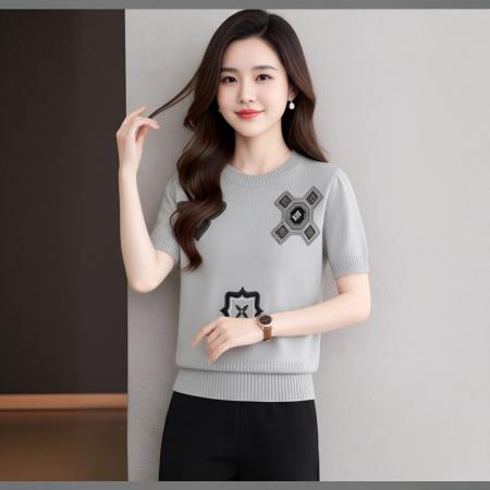 BY18586# 夏季新款复古翻领短袖针织衫女彩色扣子刺绣花朵深蓝色上衣潮 服裝批發女裝批發服飾貨源