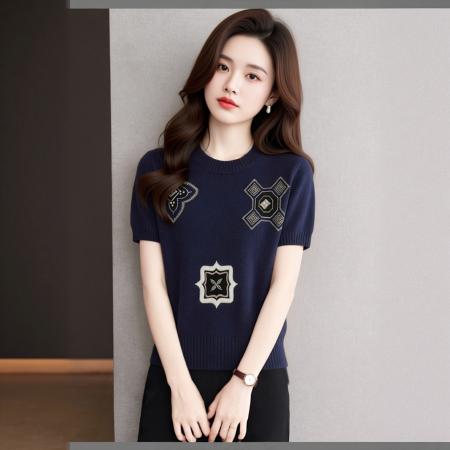 BY18586# 夏季新款复古翻领短袖针织衫女彩色扣子刺绣花朵深蓝色上衣潮 服裝批發女裝批發服飾貨源