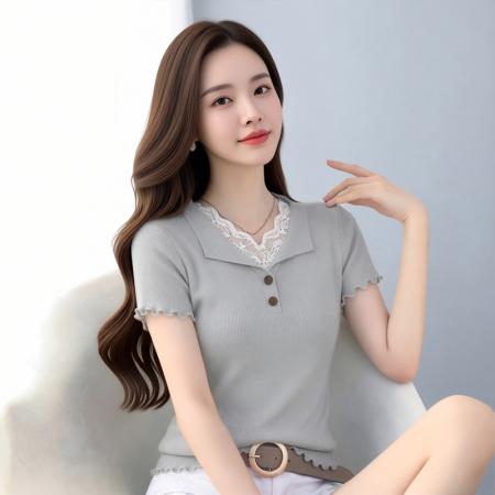 BY18589# 夏季蕾丝拼接木耳边v领冰丝针织短袖t恤女设计感辣妹修身绝美上衣 服裝批發女裝批發服飾貨源