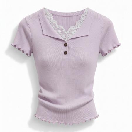 BY18589# 夏季蕾丝拼接木耳边v领冰丝针织短袖t恤女设计感辣妹修身绝美上衣 服裝批發女裝批發服飾貨源