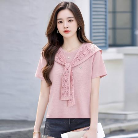 BY18590# 海军风披肩短袖针织衫冰丝T恤女夏通勤气质上衣 服裝批發女裝批發服飾貨源