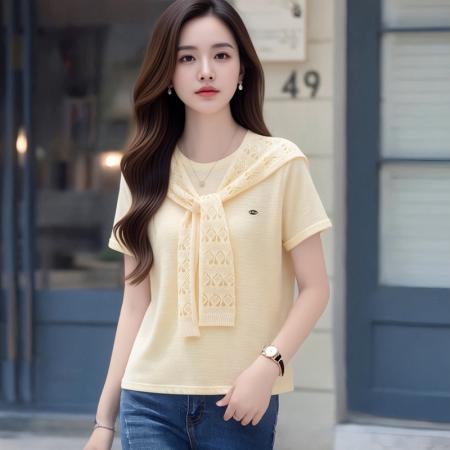 BY18590# 海军风披肩短袖针织衫冰丝T恤女夏通勤气质上衣 服裝批發女裝批發服飾貨源