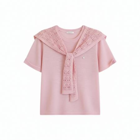 BY18590# 海军风披肩短袖针织衫冰丝T恤女夏通勤气质上衣 服裝批發女裝批發服飾貨源