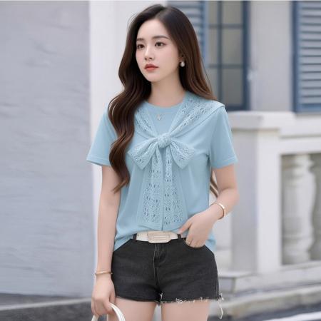 BY18590# 海军风披肩短袖针织衫冰丝T恤女夏通勤气质上衣 服裝批發女裝批發服飾貨源