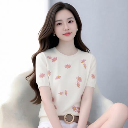 BY18591# 粉色花朵刺绣针织短袖学院风白色宽松T恤减龄套头打底衫女 服裝批發女裝批發服飾貨源