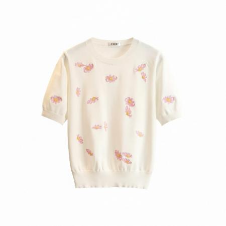 BY18591# 粉色花朵刺绣针织短袖学院风白色宽松T恤减龄套头打底衫女 服裝批發女裝批發服飾貨源