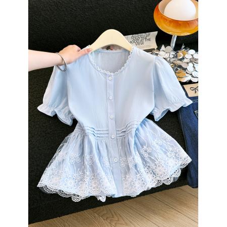 BY18611# 独特漂亮巨好看泡泡袖衬衫女夏季减龄蕾丝荷叶边裙摆上衣 服裝批發女裝批發服飾貨源