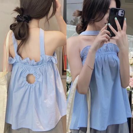 BY18614# 一字肩上衣高级感女夏季新款设计感小众木耳边吊带背心女外穿 服裝批發女裝批發服飾貨源