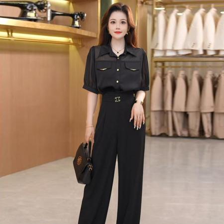 BY18615# 夏季新款轻奢气质显瘦高腰薄款短袖时尚小众休闲套装女 服裝批發女裝批發服飾貨源