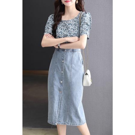 BY18616# 薄牛仔背带裙女夏季新款小清新上衣半身裙时尚两件套装裙气质 服裝批發女裝批發服飾貨源