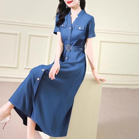 BY18617# 气质高级感穿搭夏季复古通勤工装风蓝色含棉短袖衬衫式连衣裙 服裝批發女裝批發服飾貨源
