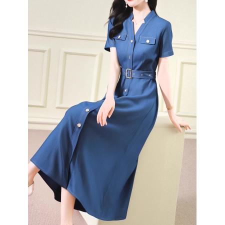 BY18617# 气质高级感穿搭夏季复古通勤工装风蓝色含棉短袖衬衫式连衣裙 服裝批發女裝批發服飾貨源