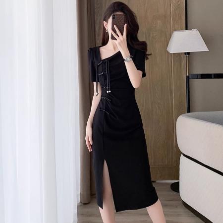 BY18618# 性感辣妹御姐短袖连衣裙女夏季新款气质显瘦黑色国风盘扣开叉裙子 服裝批發女裝批發服飾貨源