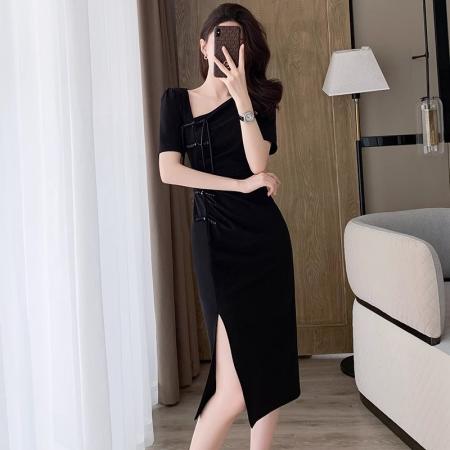 BY18618# 性感辣妹御姐短袖连衣裙女夏季新款气质显瘦黑色国风盘扣开叉裙子 服裝批發女裝批發服飾貨源