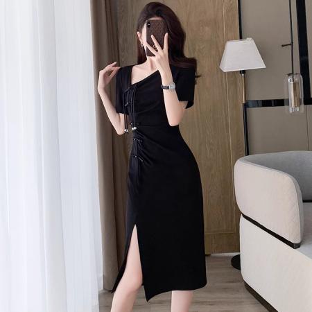 BY18618# 性感辣妹御姐短袖连衣裙女夏季新款气质显瘦黑色国风盘扣开叉裙子 服裝批發女裝批發服飾貨源