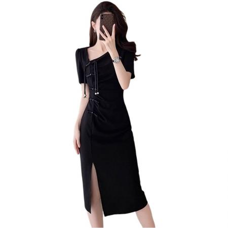 BY18618# 性感辣妹御姐短袖连衣裙女夏季新款气质显瘦黑色国风盘扣开叉裙子 服裝批發女裝批發服飾貨源