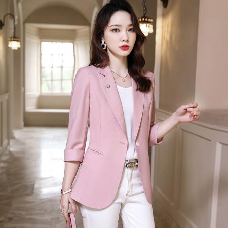 BY18621# 粉色小西装外套女夏季七分袖时尚休闲小香风气质上衣薄款西服 服裝批發女裝批發服飾貨源