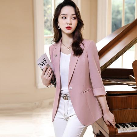 BY18621# 粉色小西装外套女夏季七分袖时尚休闲小香风气质上衣薄款西服 服裝批發女裝批發服飾貨源