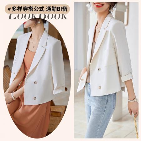 BY18622# 西装外套女夏季薄款七分袖短款小个子高级感开叉小西服上衣 服裝批發女裝批發服飾貨源
