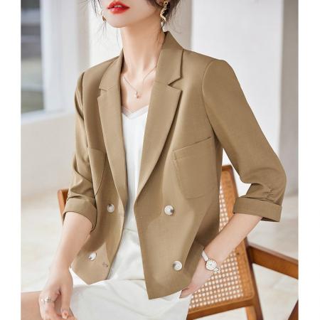 BY18622# 西装外套女夏季薄款七分袖短款小个子高级感开叉小西服上衣 服裝批發女裝批發服飾貨源