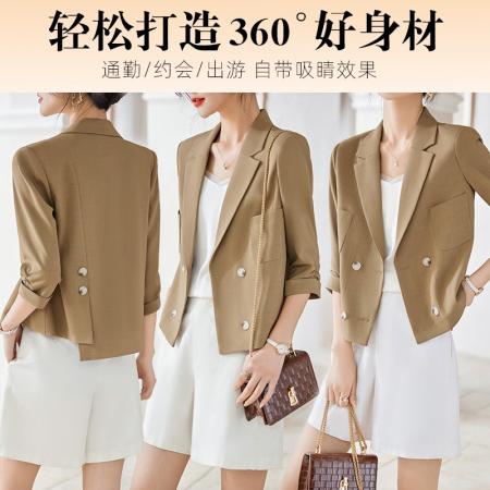 BY18622# 西装外套女夏季薄款七分袖短款小个子高级感开叉小西服上衣 服裝批發女裝批發服飾貨源