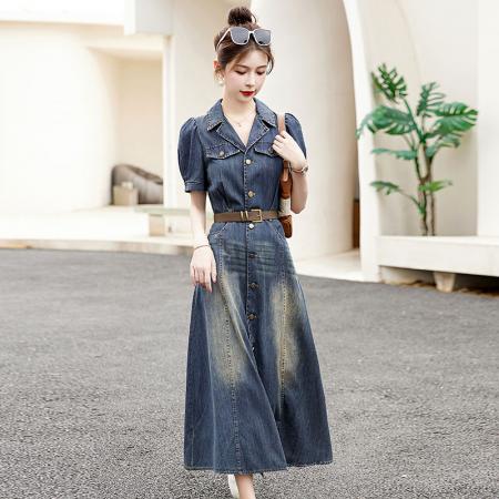 BY18628# 轻奢高端气质牛仔裙连衣裙女夏季薄款新款端庄大气长过膝长裙 服裝批發女裝批發服飾貨源