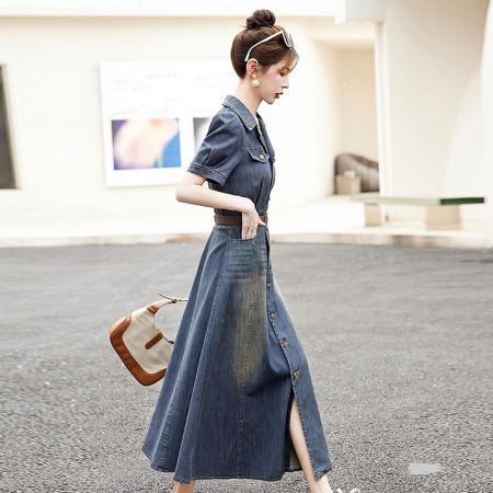 BY18628# 轻奢高端气质牛仔裙连衣裙女夏季薄款新款端庄大气长过膝长裙 服裝批發女裝批發服飾貨源