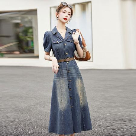 BY18628# 轻奢高端气质牛仔裙连衣裙女夏季薄款新款端庄大气长过膝长裙 服裝批發女裝批發服飾貨源