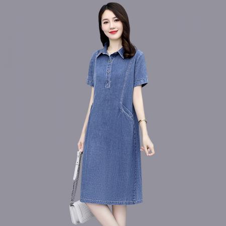 BY18630# 薄牛仔连衣裙夏季新款女装短袖休闲减龄装大码中长裙子 服裝批發女裝批發服飾貨源