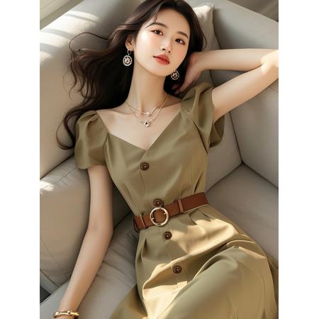 BY18631# 卡其色v领连衣裙女新款夏厅里厅气设计师原创收腰通勤高级感长裙 服裝批發女裝批發服飾貨源