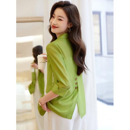 BY18633# 绿色西装外套女夏季小个子气质七分袖冰丝薄款防晒小西服休闲上衣 服裝批發女裝批發服飾貨源