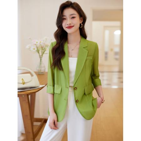 BY18633# 绿色西装外套女夏季小个子气质七分袖冰丝薄款防晒小西服休闲上衣 服裝批發女裝批發服飾貨源