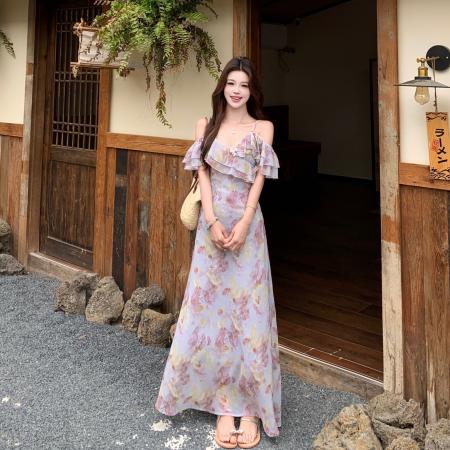 BY18634# 海洋之星春夏新款气质吊带碎花连衣裙女a字长裙子 服裝批發女裝批發服飾貨源